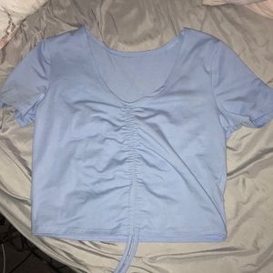 shein blue drawstring cropped shirt